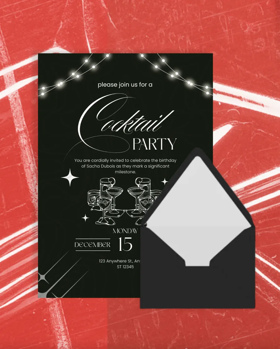 Elegant black cocktail party invitation with a matching black envelope on a red textured backdrop