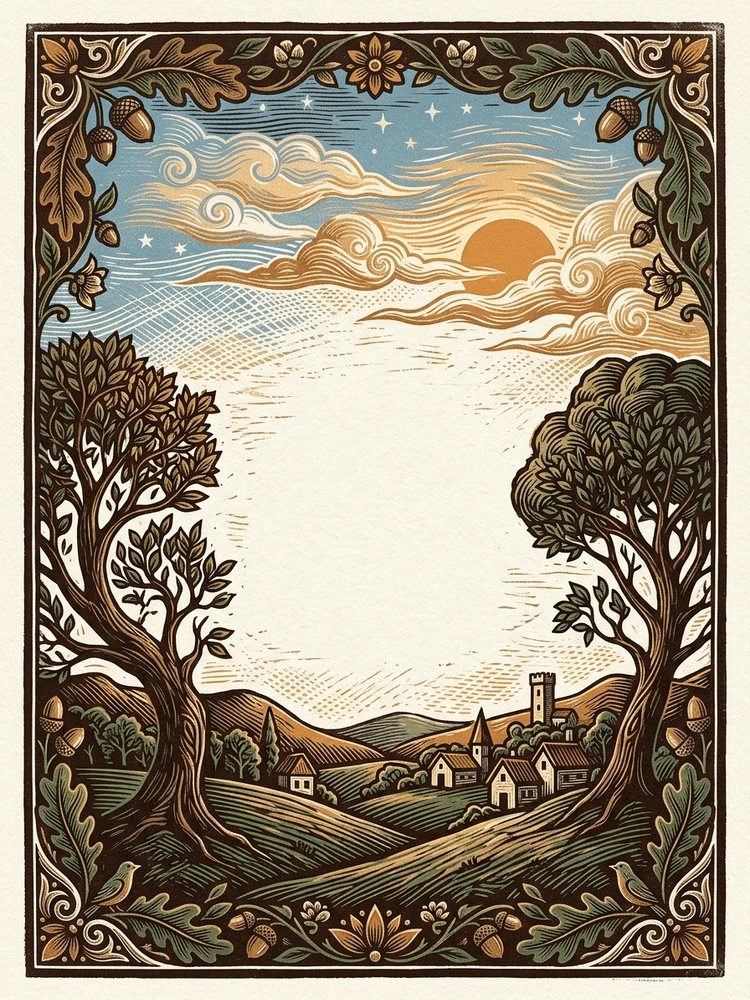 Woodblock Landscape — a free gold birthday invitation template on InviteDrop