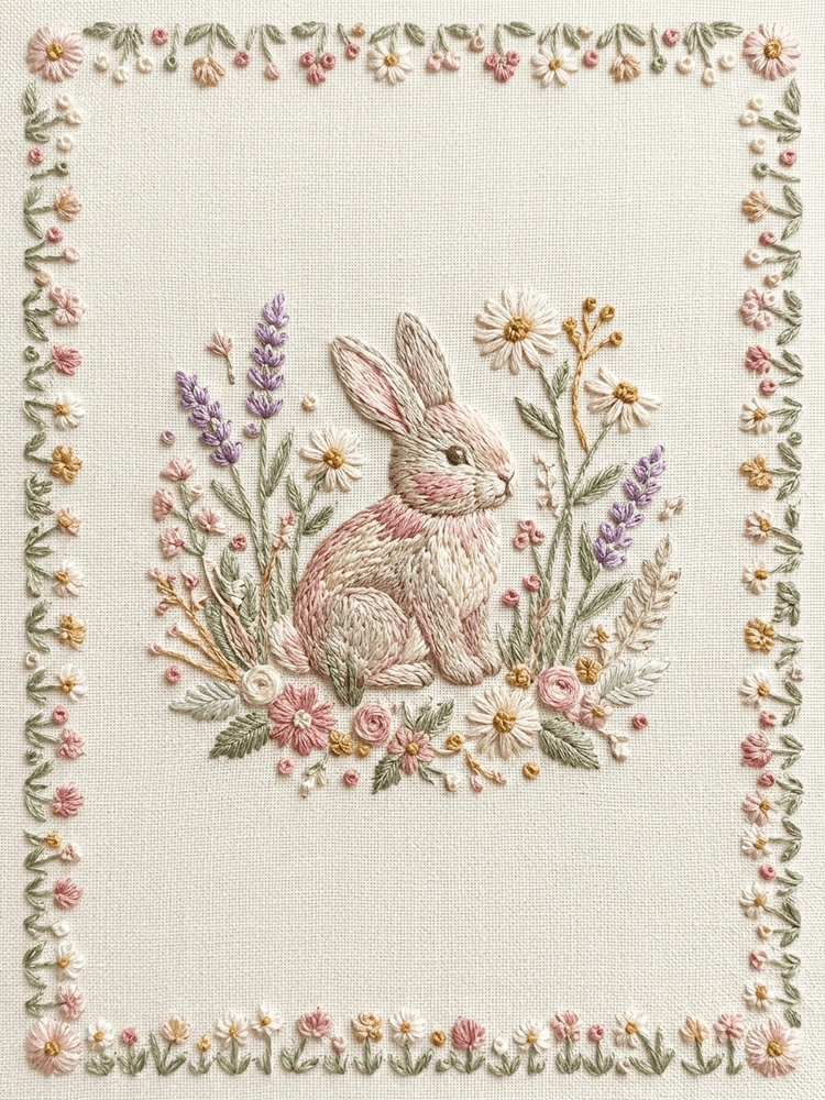 Embroidered Bunny Garden — a free classic baby shower invitation template on InviteDrop