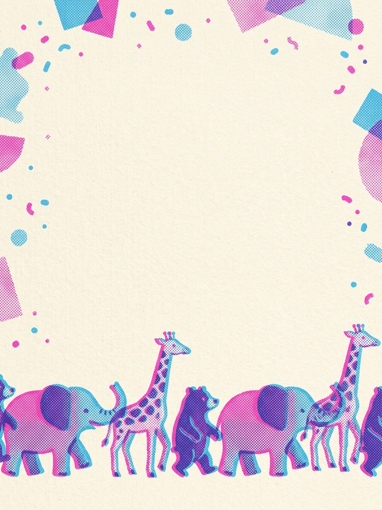Risograph Animal Parade — a free classic baby shower invitation template on InviteDrop