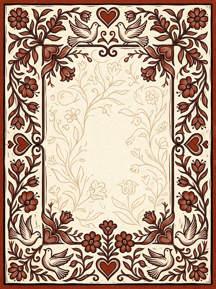 Woodcut Hearts — a free classic engagement invitation template on InviteDrop