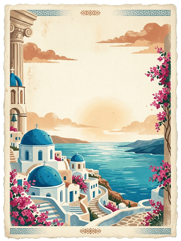 Vintage Santorini — a free pink engagement invitation template on InviteDrop