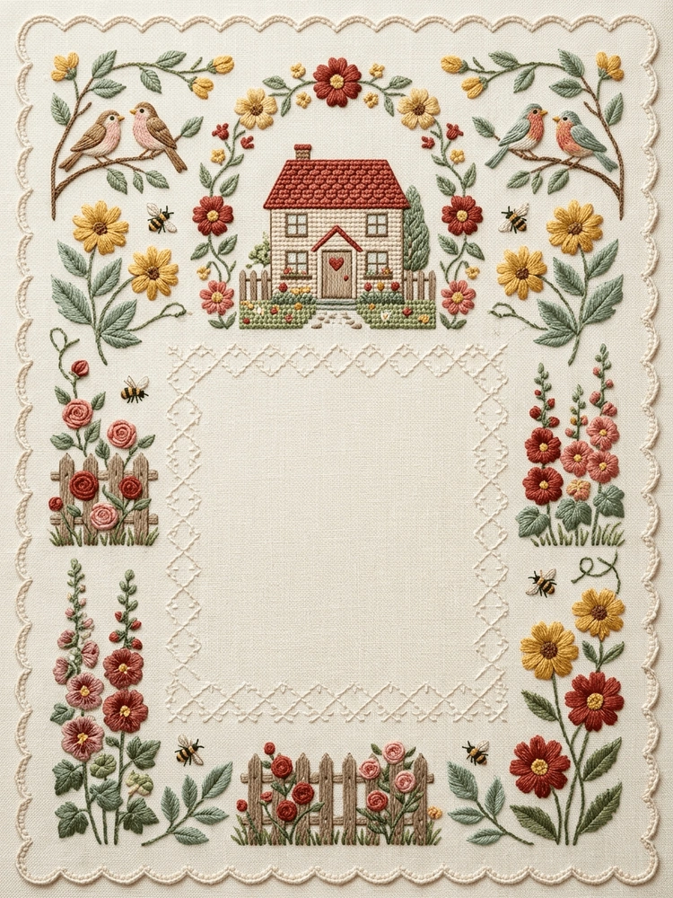 Embroidered Home Sweet Home — a free classic housewarming invitation template on InviteDrop