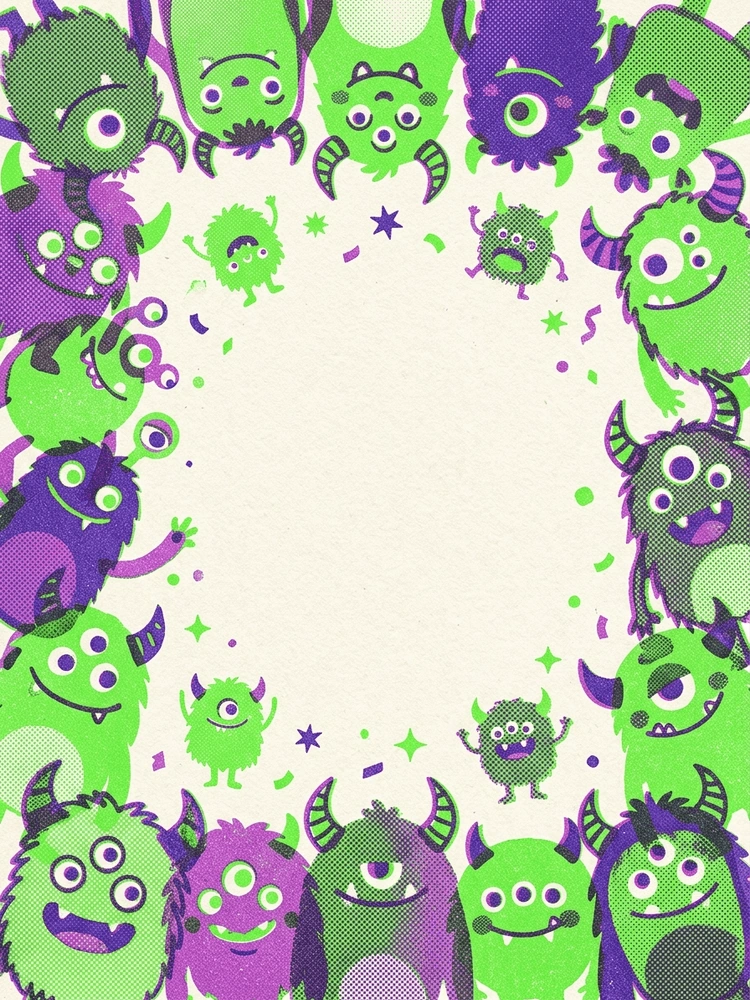 Risograph Monsters — a free pink birthday invitation template on InviteDrop