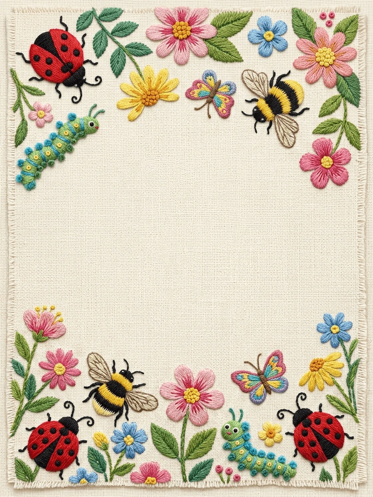 Embroidered Garden Bugs — a free classic birthday invitation template on InviteDrop