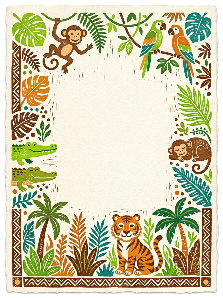 Woodblock Jungle — a free gold birthday invitation template on InviteDrop