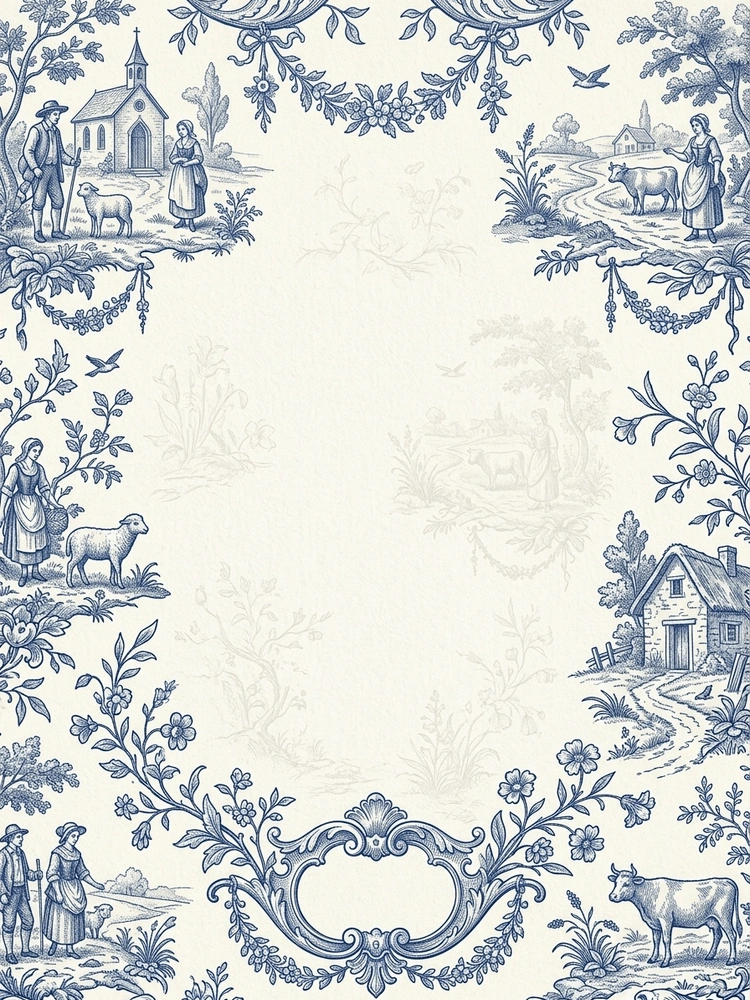 French Toile Blue — a free classic wedding invitation template on InviteDrop