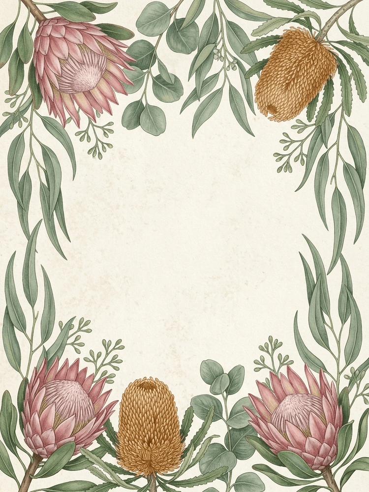 Banksia & Protea — a free gold wedding invitation template on InviteDrop