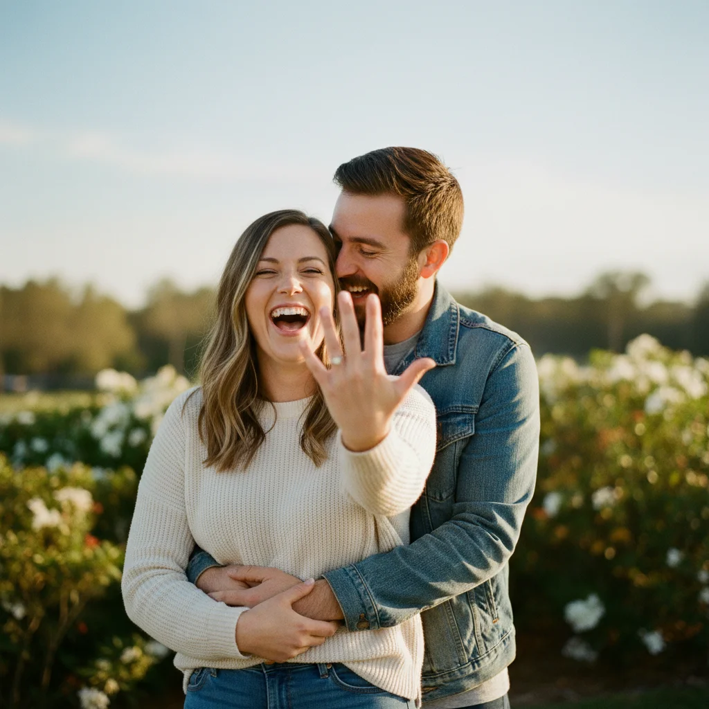 She Said Yes — a free neutral engagement invitation template on InviteDrop